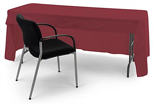 Burgundy 3-sided event table cloth with room for seating and storage