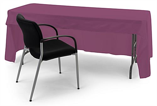 Purple 3-sided event table cloth with room for seating and storage