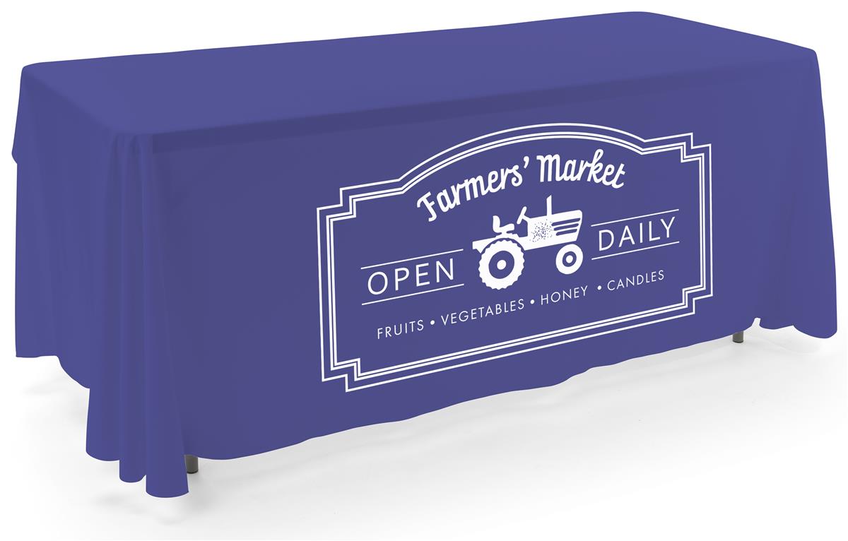 Royal blue open back tablecloth with white imprint