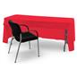 Red 3-sided event table cloth with room for seating and storage