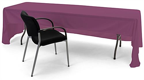 Purple 3-sided event table cloth with easy access to storage and seating from behind