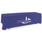 Royal blue open back tablecloth with white vinyl imprint