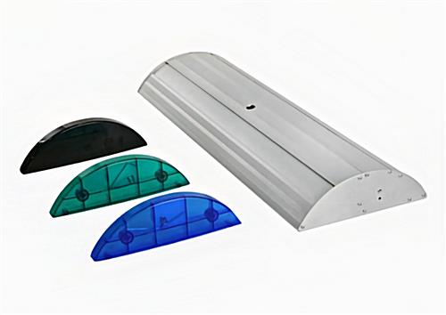 The silver base premium banner stand offers optional end caps in black, green, or blue