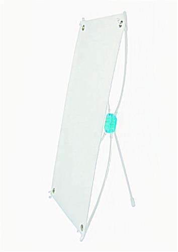 Side view of the x-frame tabletop banner stand showing blank vinyl banner and tripod hardware