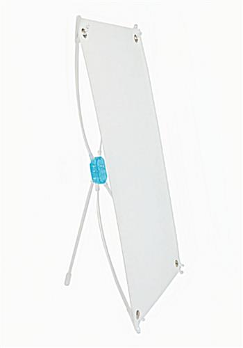 Side view of the x-frame tabletop banner stand showing blank vinyl banner and tripod hardware