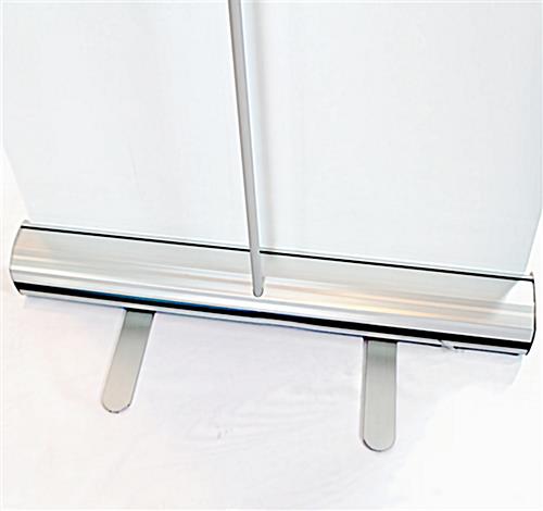 Tabletop budget banner stand hardware includes aluminum base, stabilizing feet, and banner support pole