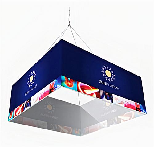 Custom printed square hanging trade show event banner shown from a low angle