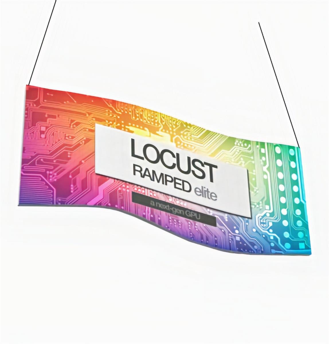 Wave hanging trade show banner with custom printed graphics