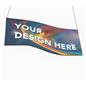 Wave hanging trade show banner with "your design here" printed on the banner