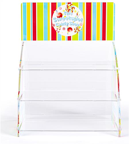 Three tier printed acrylic display shelves featuring header and side graphics