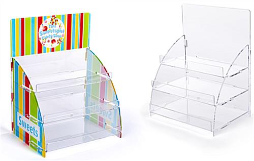 Three tier printed acrylic display shelves, choose either customized graphics or blank