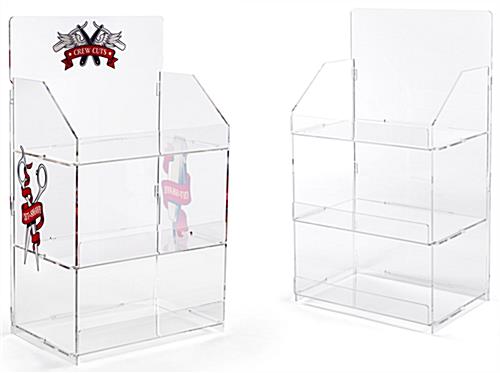 3 shelf countertop acrylic tower stand, features optional custom printing