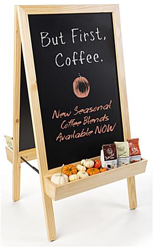 Chalkboard sidewalk sign with planter bottom is constructed of durable wood and metal