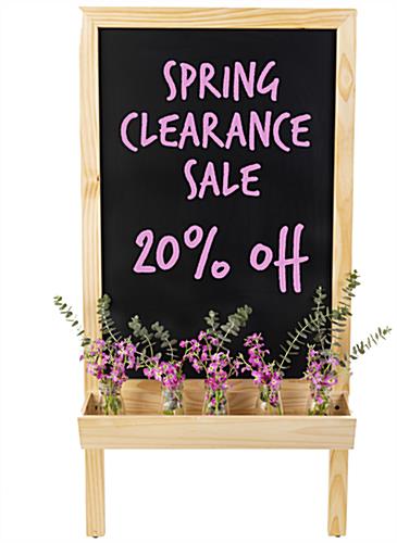 Chalkboard sidewalk sign with planter bottom and natural finish