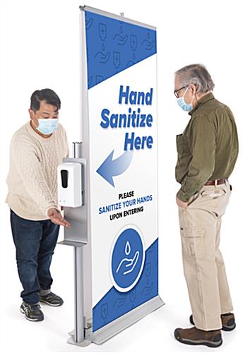 Automatic hand sanitizer banner stand for single and double sided advertising displays
