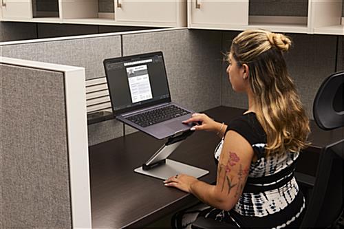 Sit to stand laptop holder with ergonomic support