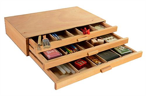 Wooden art supply organizer with five compartments per drawer