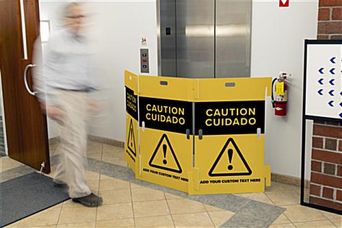 Interlocking caution barricade with overall width of 93 inches when assembled