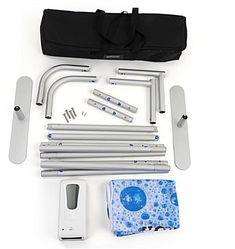 "Please Sanitize Your Hands" banner kit includes hardware, sanitizer dispenser, bag, and pre-printed graphic