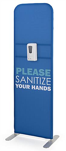 Oblique view of the "Please Sanitize Your Hands" tension fabric banner with sanitizer dispenser