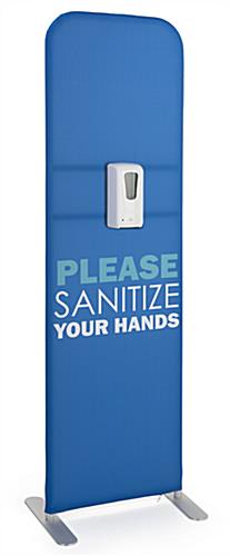 Oblique view of the "Please Sanitize Your Hands" tension fabric banner with sanitizer dispenser