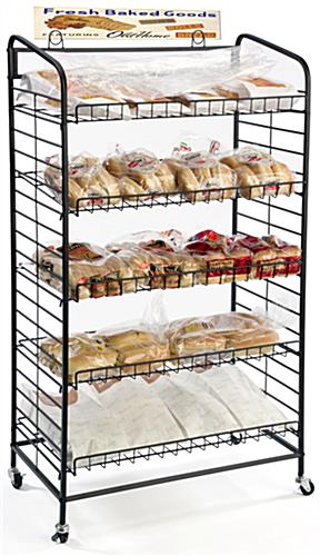 Retail Bakery Display Stand with our New Silver Finish, angled shelves for  shop-ability, with casters for strategic placement & Made in USA