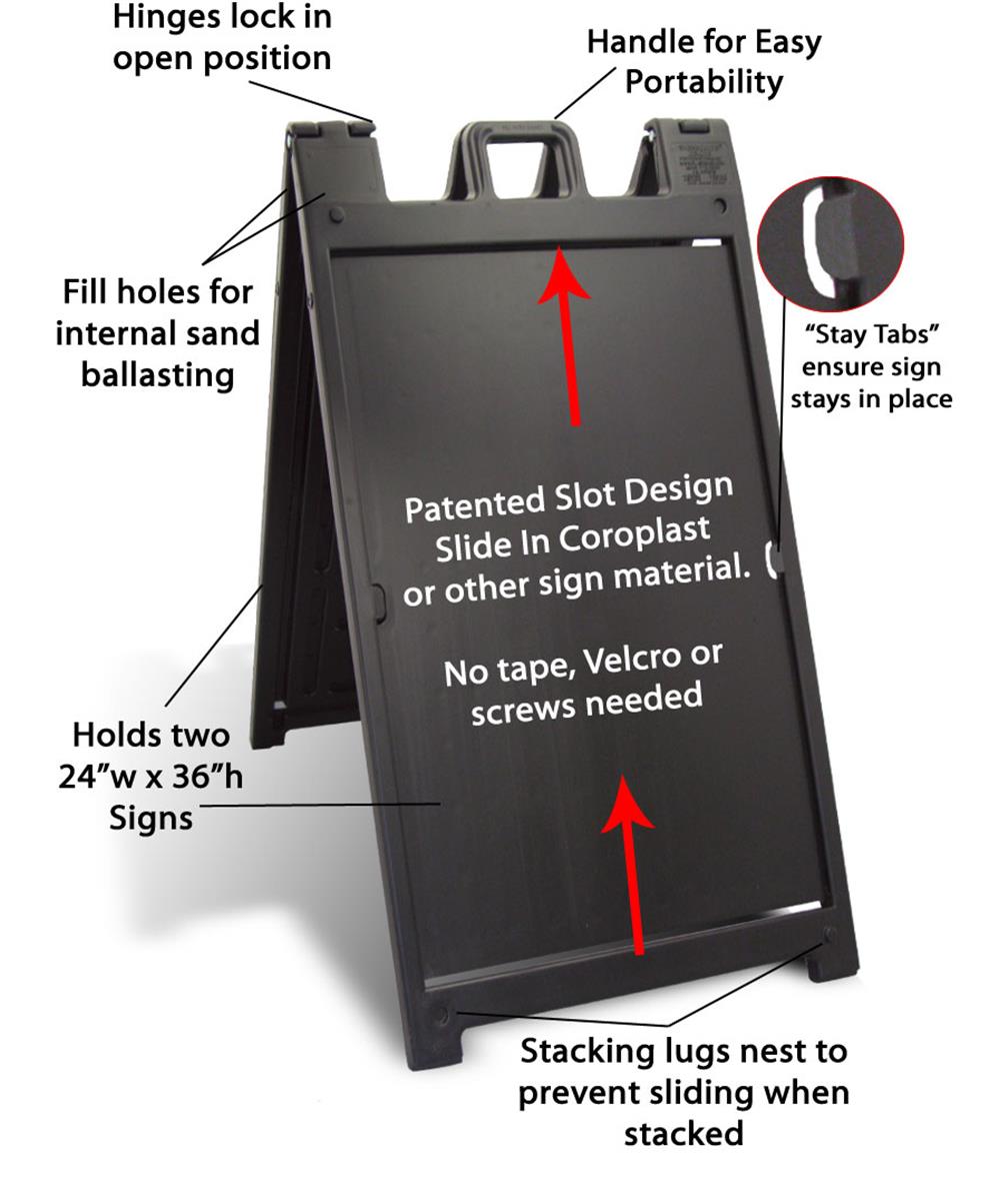 T-SIGN Heavy Duty Slide-in Folding A-Frame Sidewalk Sign 24 x 36 Inch Black Coated Steel Metal Double-Sided 2 Corrugated Plastic Poster Boards