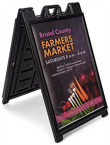 Black snap open a-frame sidewalk sign measures 27 inches wide by 46 inches tall 