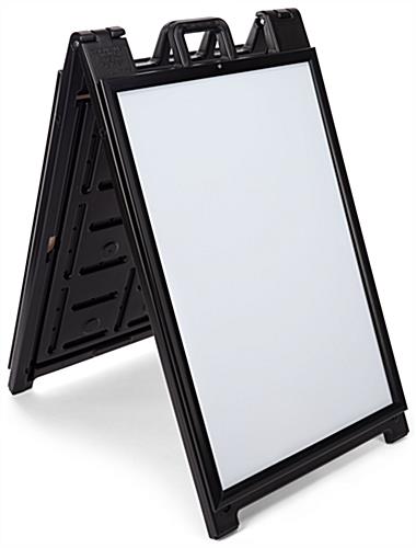 Black snap open a-frame sidewalk sign with weather resistant plastic construction
