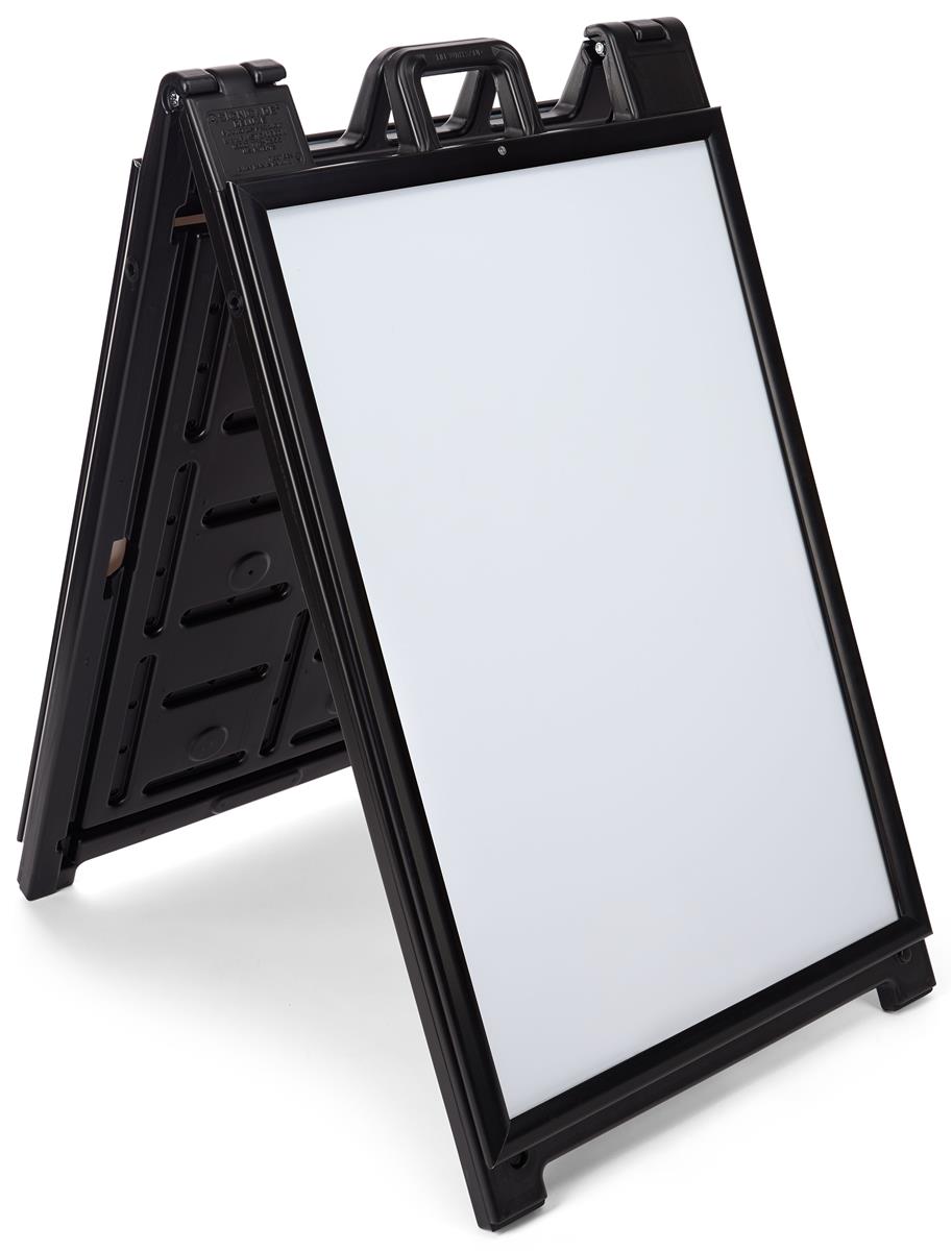 Black snap open a-frame sidewalk sign with weather resistant plastic construction