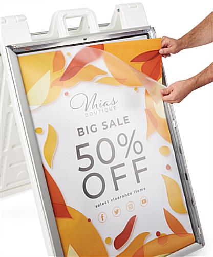 White snap open a-frame sidewalk sign with non glare lens