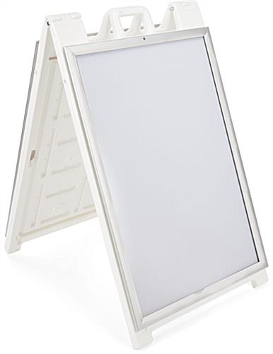 White snap open a-frame sidewalk sign with floor standing placement