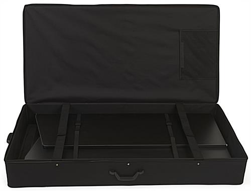Breakdown lectern transport case with four straps and a plastic netted pouch