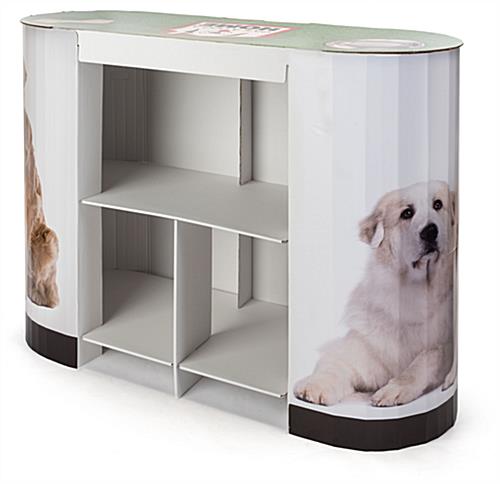 Portable cardboard booth display counter with internal shelves 