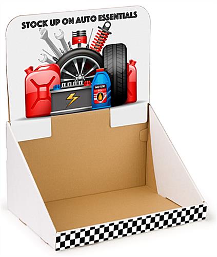 Custom countertop cardboard display shipper box with personalized header and lip