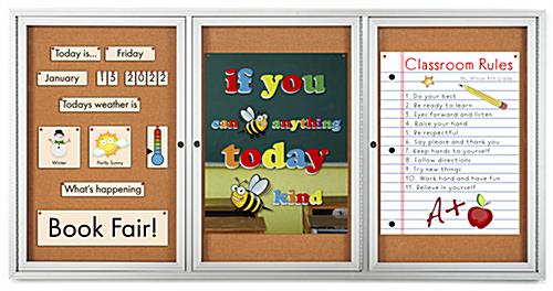 This 72 x 36 locking bulletin board is lined with a tackable material