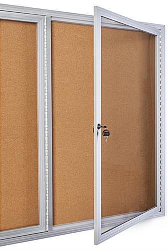 This 72 x 36 locking bulletin board has anodized aluminum frames