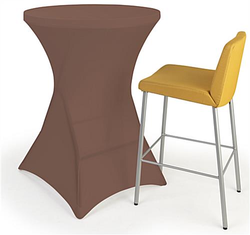 Brown round stretch table cover with overall height of 43 inches