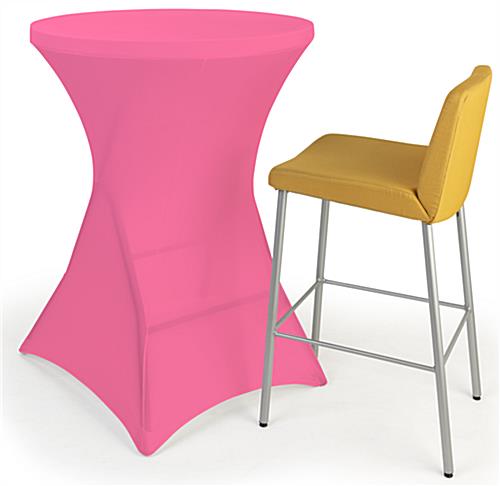 Pink round stretch table cover with overall height of 43 inches