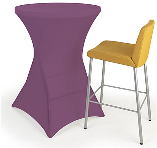 Round stretch table cover with overall dimensions of 31 inches by 43 inches
