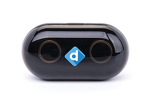 Black promo branded wireless earbuds with plastic lid