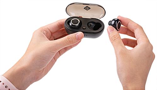 Black promo branded wireless earbuds with magnetic charging case