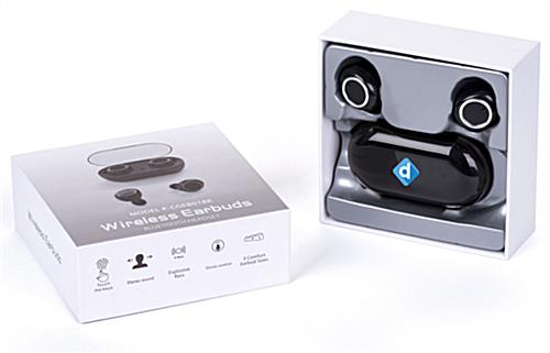 Black promo branded wireless earbuds with gift box for holiday gifting