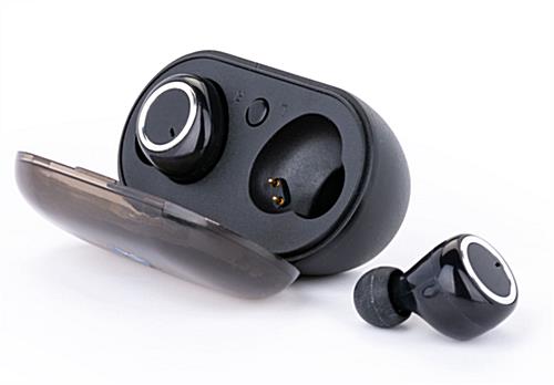 Black promo branded wireless earbuds with 330 mAh charging battery