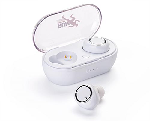 White custom logo branded earbuds with compact case for transport