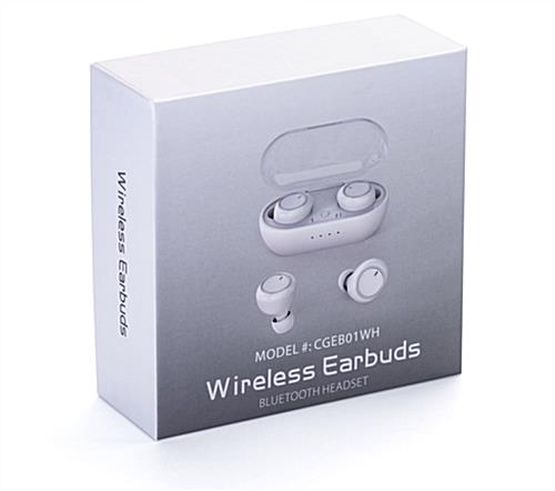 White custom logo branded earbuds with gift box for corporate giveaways 