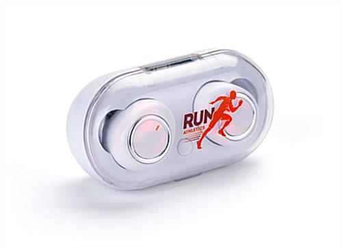 White custom logo branded earbuds with full-color printing