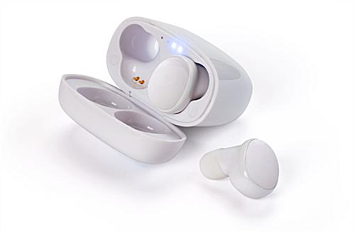 White promotional wireless earphone buds with battery indicator lights