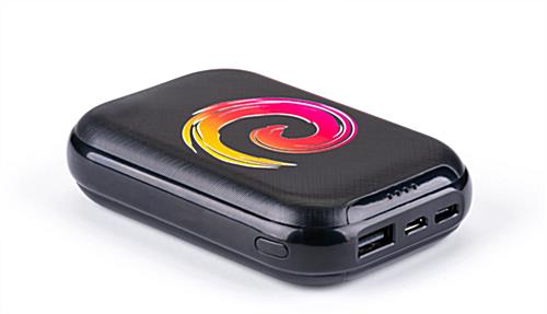 Black portable cell phone power bank with custom logo printing