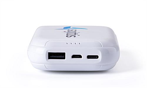 White personalized power bank charger with (1) Micro USB, (1) Type-C USB and (1) USB-A Output